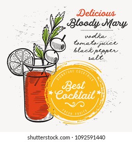 Cocktail bloody mary for bar menu. Vector drink flyer for restaurant and cafe. Design poster with vintage hand-drawn illustrations.