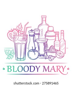 Cocktail Bloody Mary with ingredients ( vodka, tomato juice, lemon, celery, Tabasco sauce, Worcestershire sauce, salt, ground black pepper, ice cubes, tomato ) and barman's instruments