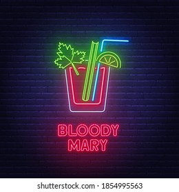 Cocktail Bloody Mary neon sign on brick wall background.