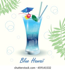 Cocktail Blue Hawaii on white background with bubbles and fern leaves