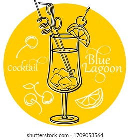 Cocktail Blue Lagoon with cocktail tubes, ice and lime in an elegant glass