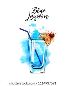 Cocktail Blue Lagoon. Watercolor vector background