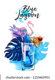 Cocktail Blue lagoon. Watercolor vector background