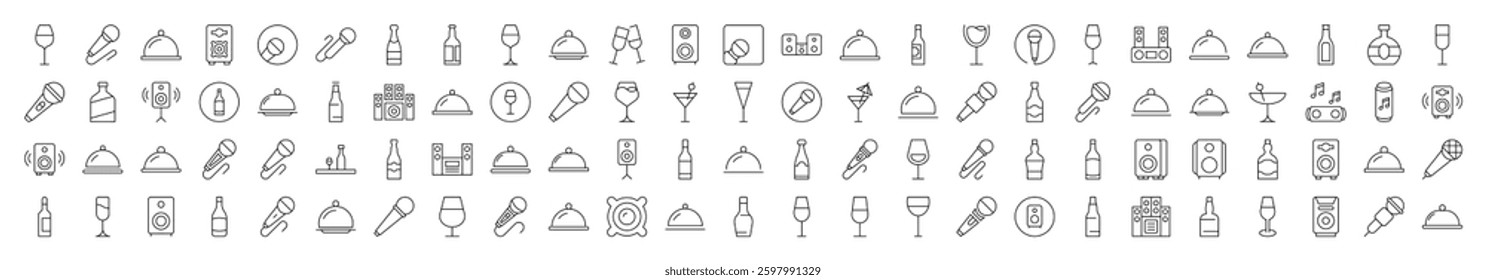 Cocktail, Bowl with Cloche, Bottle, Loud Speaker Simple Illustrations Drawn with Thin Line. Collection of Various Design Elements that Can Be Used for Apps, Articles, Web Sites, Social Media