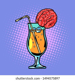 cocktail with brain drink with straw and ice. Comic cartoon pop art retro vector drawing illustration