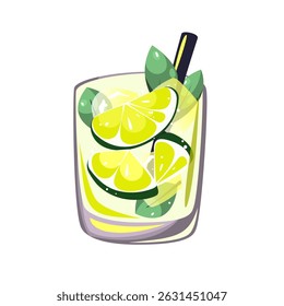 Coquetel Caipirinha. Cocktail refrescante de verão com cal, cubos de gelo e hortelã. Clássico bar bebida alcoólica em um copo com uma palha.