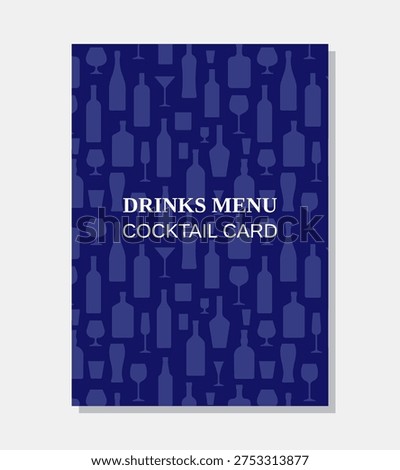 Cocktail card design. Drinks menu template with alcohol beverages, bottles and glasses pattern background. Vector illustration. Restaurant alcoholic drinks menu.