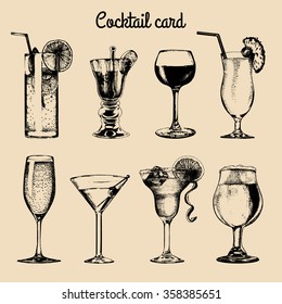 Cocktail card. Hand sketched alcoholic beverages glasses. Vector set of drinks illustrations: beer, pina colada, margarita, red wine, mojito, vodkatini, champagne etc isolated.