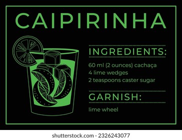 Cocktail card recipe. Alcohol drinks line art illustration. Vector illustration Caipirinha