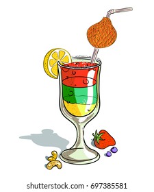 Cocktail cartoon hand drawn image. Original colorful artwork, comic childish style drawing.