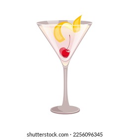 Cocktail "Casino" with gin, maraschino liqueur. With cherries and a twist of lemon zest. Vector illustration.