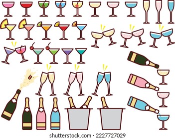 Cocktail and champagne illustration set
