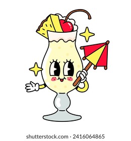 Cocktail character Pina Colada with an umbrella in groovy style isolated on a white background.