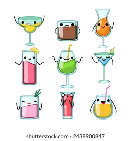 cocktail character set cartoon. drink glass, poster soda, music party cocktail character sign. isolated symbol vector illustration