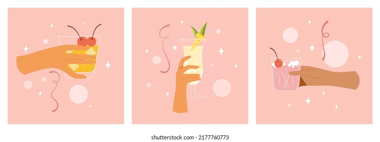 Cocktail Cheers. Set Of Hands Holding Glass With Alcohol. Woman Is Celebrating Or Resting. Summer Festival With Cold Drinks. Toast Concept On Pink Background. Vector Isolated Flat Design.