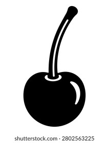 Cocktail cherry black silhouette icon with round fruit, long curved stem, glossy cutout highlight and clean white negative space details, isolated on white background. Minimal bold vector-style illustration for cocktail garnish, fruit, dessert, bar menu, sticker, decal, logo, label, and cutting file design.