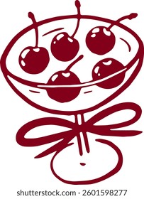 Cocktail with cherry and bow. Coquette rococo art.