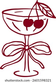 Cocktail with cherry and bow. Coquette rococo art.