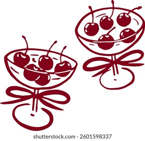 Cocktail with cherry and bow. Coquette rococo art.