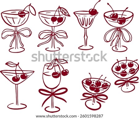 Cocktail with cherry and bow. Coquette rococo art.