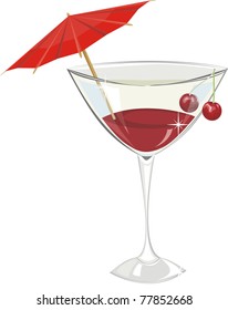 Cocktail with a cherry and a decorative umbrella isolated on a white background