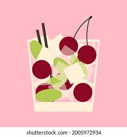 Cocktail with cherry and grape in short glass. Vector illustration of soft or alcoholic drink.