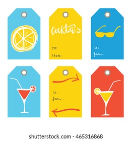 Cocktail, Citrus. Set of 6  creative tags  templates with marine theme design.  Red, blue and yellow Creative printable hand drawn  label. Cute tags for text and design