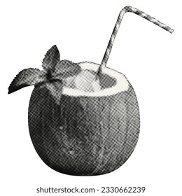 cocktail in coconut isolated with ice and mint leaves with straw retro halftone dotted texture grunge collage element in white background