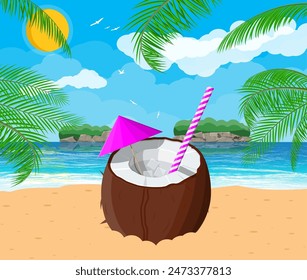 Cocktail in coconut. Landscape of palm tree on beach. Sun with reflection in water and clouds. Day in tropical place. Vacation and holidays. Vector illustration in flat style