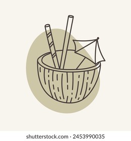 The cocktail in a coconut shell is decorated with two straws and an umbrella. Hand drawn vector outline icon.