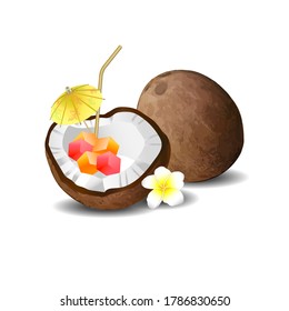Cocktail in a coconut shell lies a delicious coconut cream on a white background