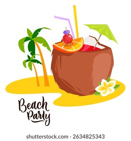 Cocktail in coconut shell and palms on sand beach. Vector flat cartoon illustration for beach bar label, logo. Summer party banner, poster, drinks menu design elements