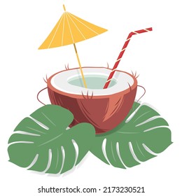 Cocktail in a coconut shell with an umbrella and straw in trendy hues with exotic monstera leaves