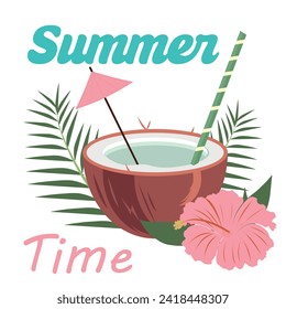 Cocktail in a coconut shell with an umbrella and straw in trendy hues with exotic leaves. For web,card,poster,cover,tag,invitation,sticker, t-shirts design. 