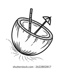 Cocktail of coconut sketch. Illustration of a coconut with a cocktail inside with straws and an umbrella. Sketchy coconut cocktail on the beach. Doodle Vector style