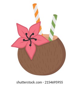 Cocktail in a coconut with a straw. Flat doodle clipart. All objects are repainted.