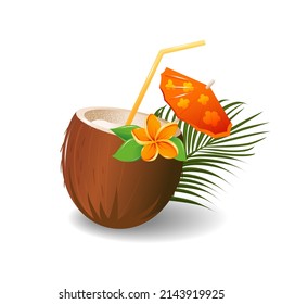 Cocktail in coconut with a straw and an umbrella.