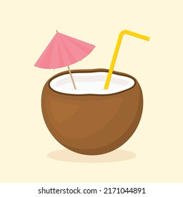 cocktail in coconut with straw and umbrella - vector illustration