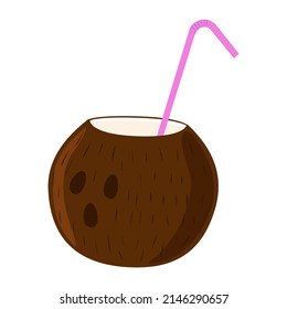 Cocktail in coconut with straw vector isolated illustration. Coconut organic natural drink. Summertime party element. Exotic drink.