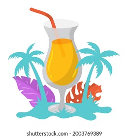 Cocktail with coconut trees and tropical leaves. Simple flat design for Summer badges or sticker