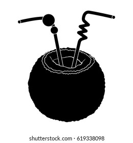 A cocktail in coconut with tubes.Summer rest single icon in black style vector symbol stock illustration.