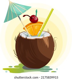 Cocktail In Coconut. Umbrella, Tube, Orange, Cherry, Coconut. Summer Beach Vector Illustration