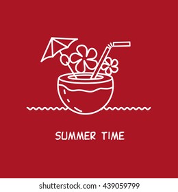 Cocktail in a coconut. Vector sign, emblem, logo. Summer time.