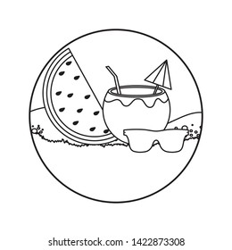 cocktail of coconut with watermelon and sunglasses in beach