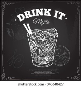 Cocktail With Cola And Limes Isolated On Chalkboard Typographic Background