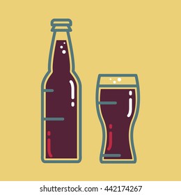 Cocktail, cold beer or juice bottle with glass. Alcohol banner with tumbler and beverage . Retro drink sticker. Vintage bar poster. Vector