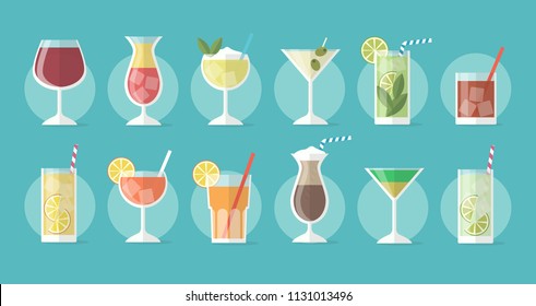 Cocktail collection in flat style - set of illustrations with different drinks and cocktails