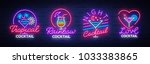 Cocktail collection logos in neon style. Collection of neon signs, Design template on the theme of drinks, alcoholic beverages. Bright advertising for cocktail bar, party, club. Vector illustration