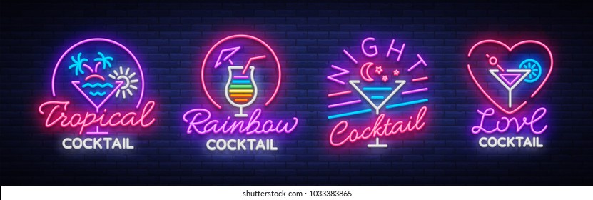 Cocktail collection logos in neon style. Collection of neon signs, Design template on the theme of drinks, alcoholic beverages. Bright advertising for cocktail bar, party, club. Vector illustration