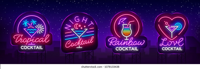 Cocktail collection logos in neon style. Collection of neon signs, Design template on the theme of drinks, alcoholic beverages. Bright advertising for cocktail bar, party, club. Vector. Billboard